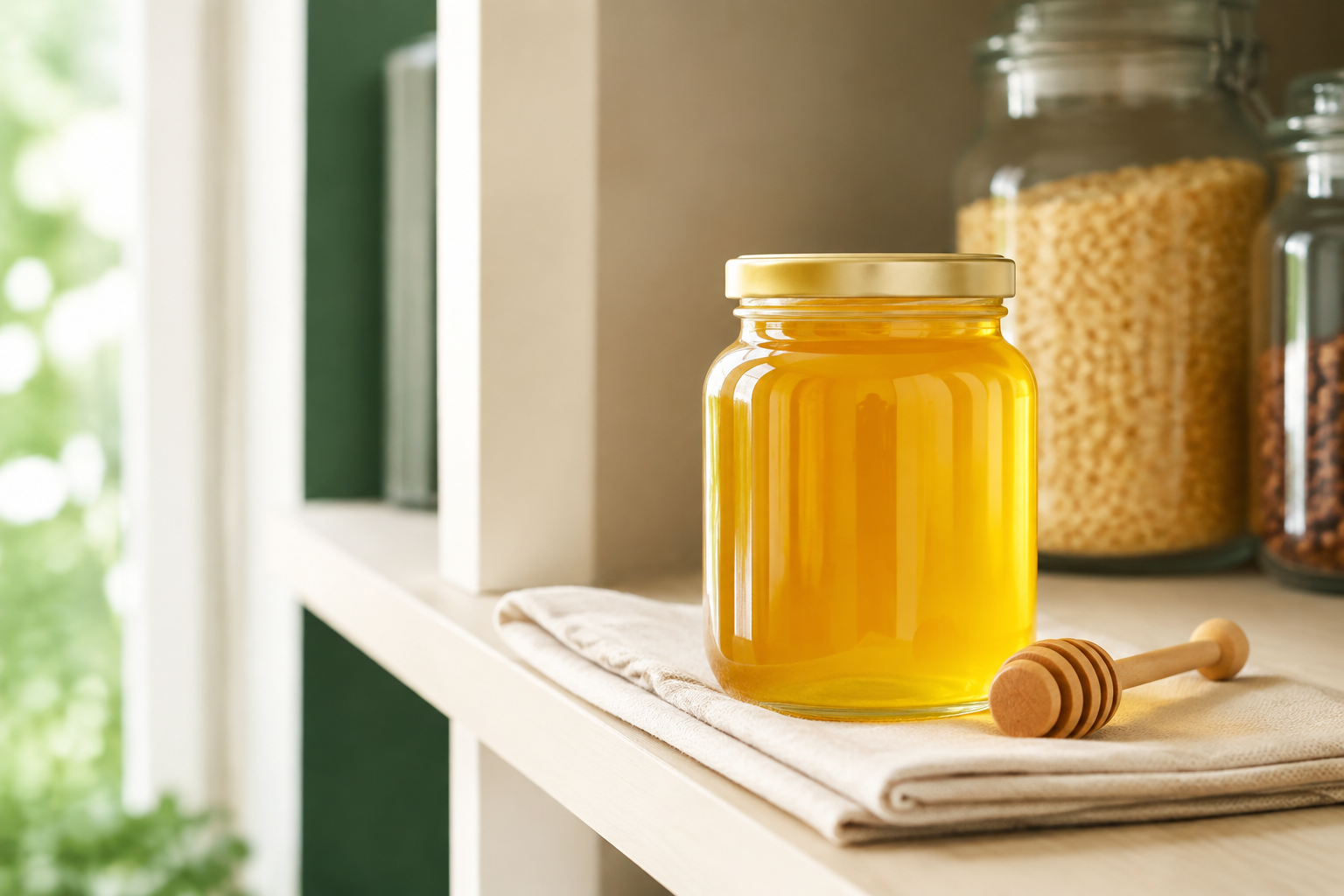 Glass jar of honey stored in a clean, dry pantry