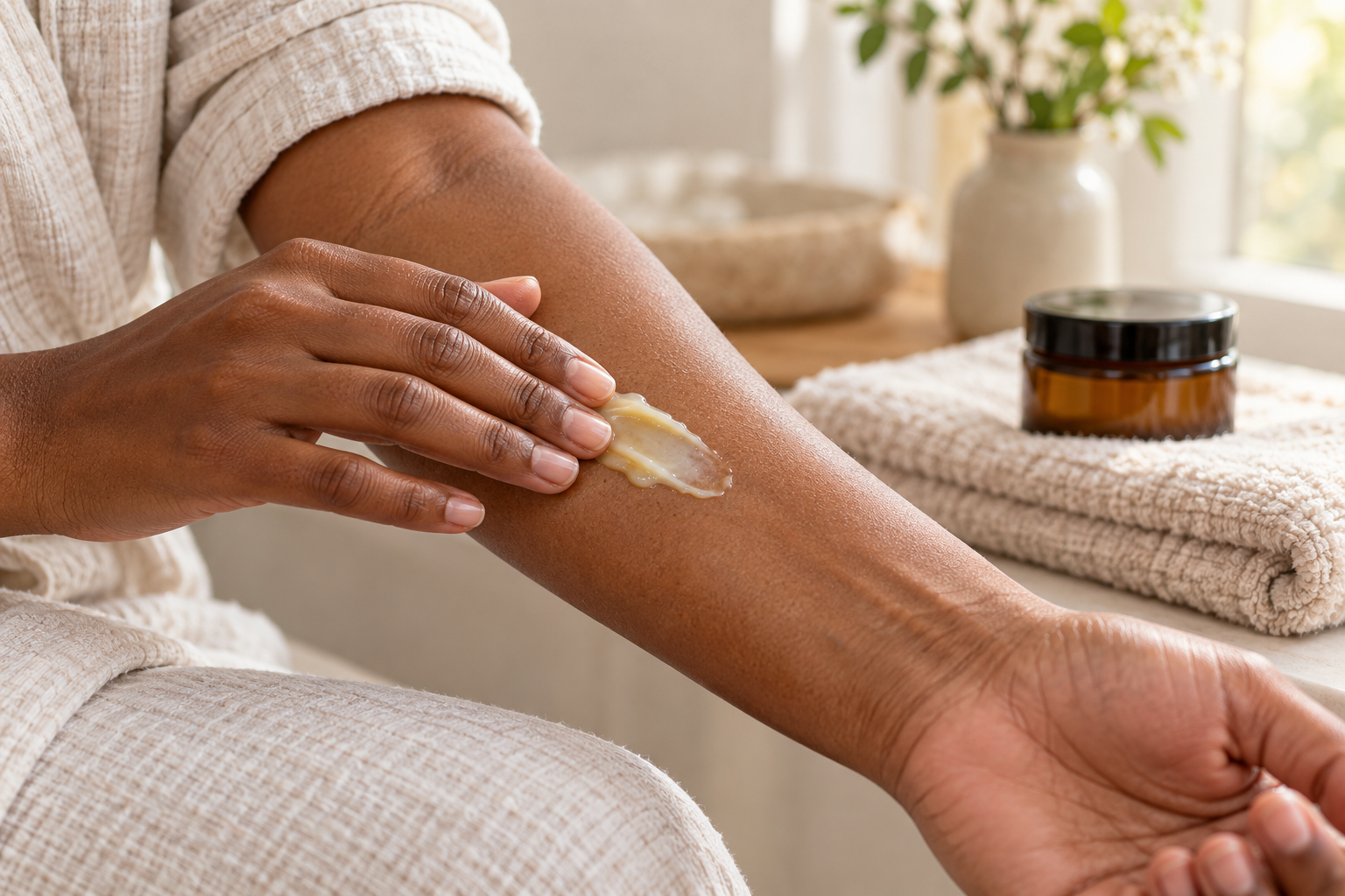 Adult applying a small amount of honey-based moisturizer to healthy intact forearm skin in natural window light