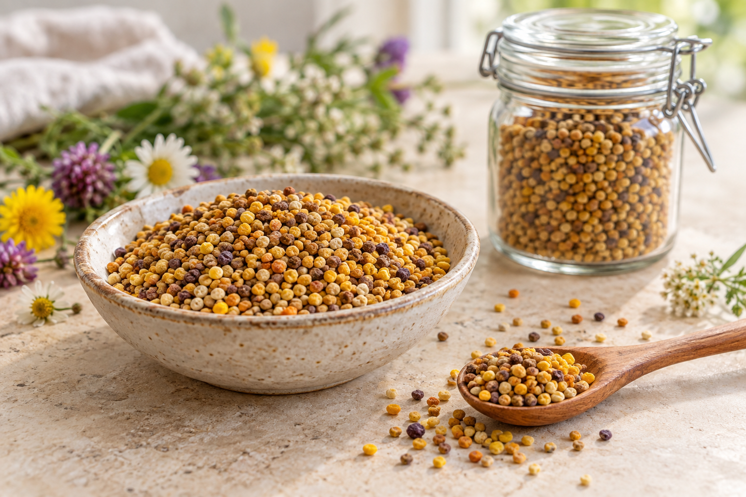 Multicolored bee pollen granules in a ceramic bowl with a wooden spoon and storage jar