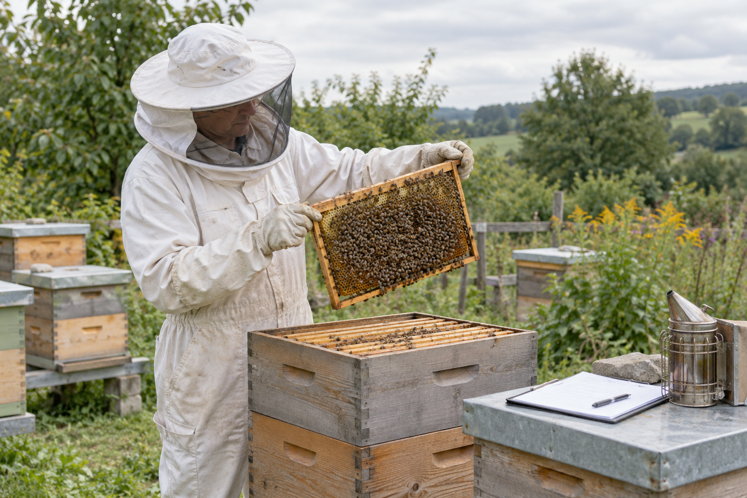 Beekeeper in protective clothing inspecting a brood frame and recording honey bee colony observations