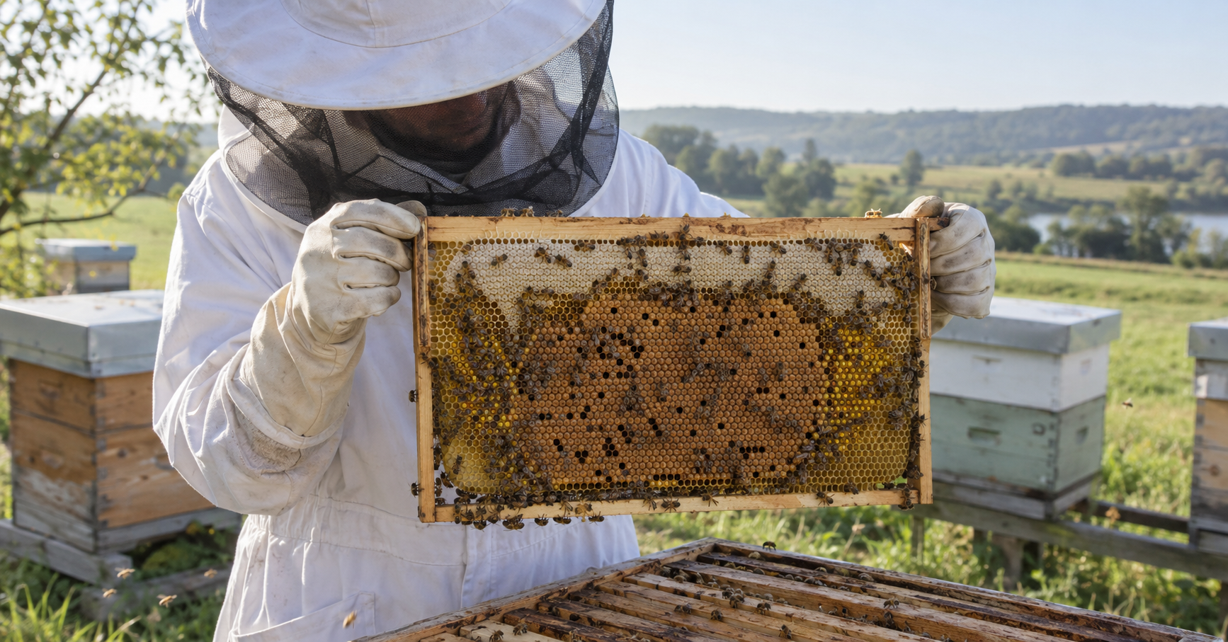 Beekeeper inspecting a honey bee frame containing brood, pollen and capped honey