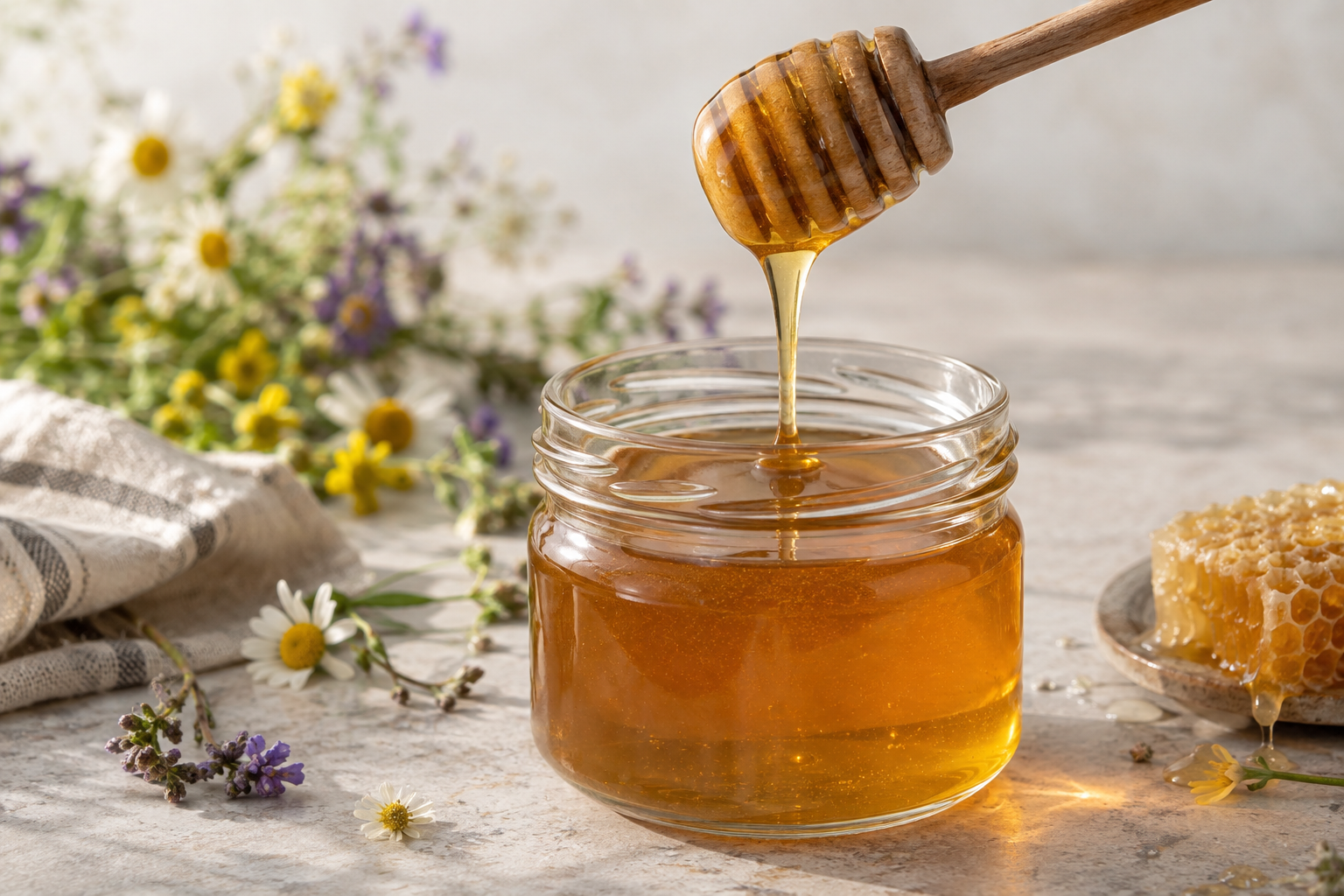Clear amber honey flowing from a wooden dipper into a glass jar beside wildflowers and honeycomb