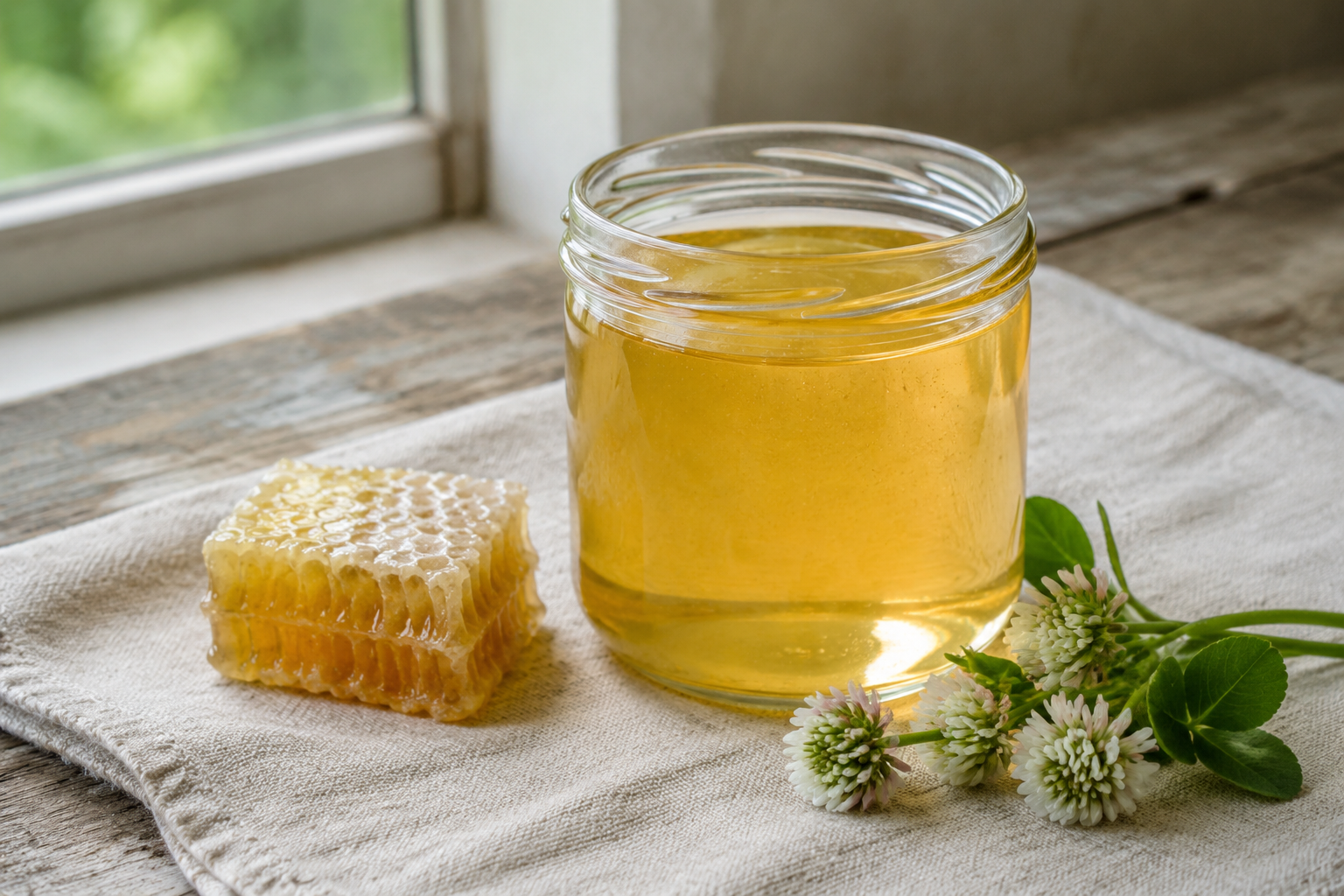 Pale clover honey with honeycomb and white clover blossoms
