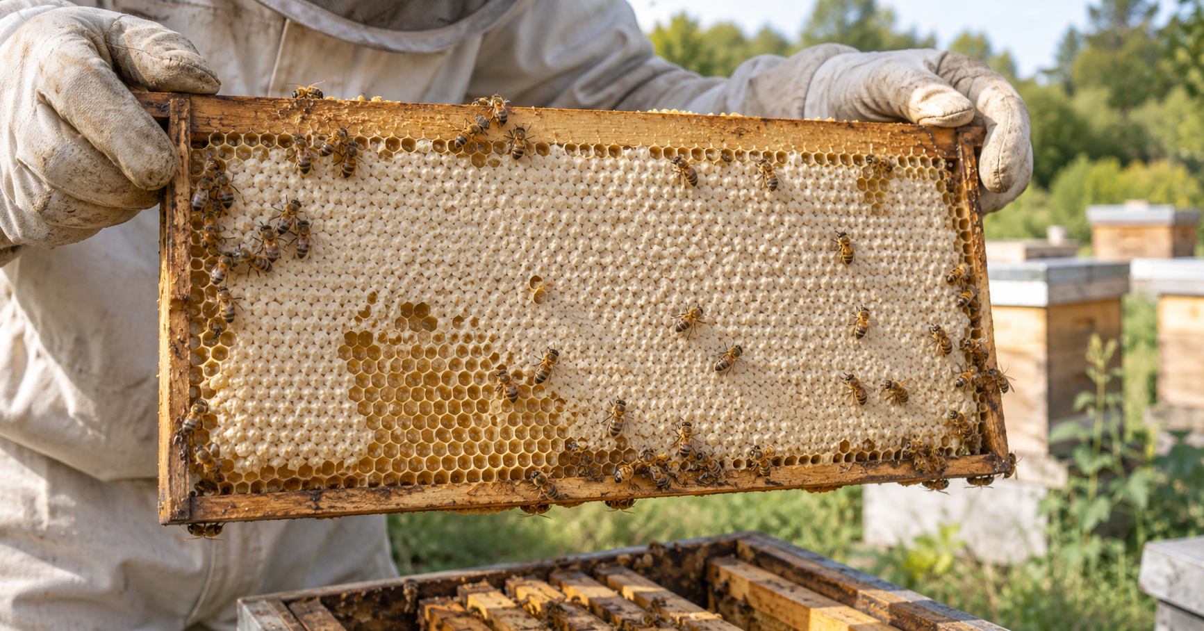Beekeeper holding a frame of naturally capped comb honey
