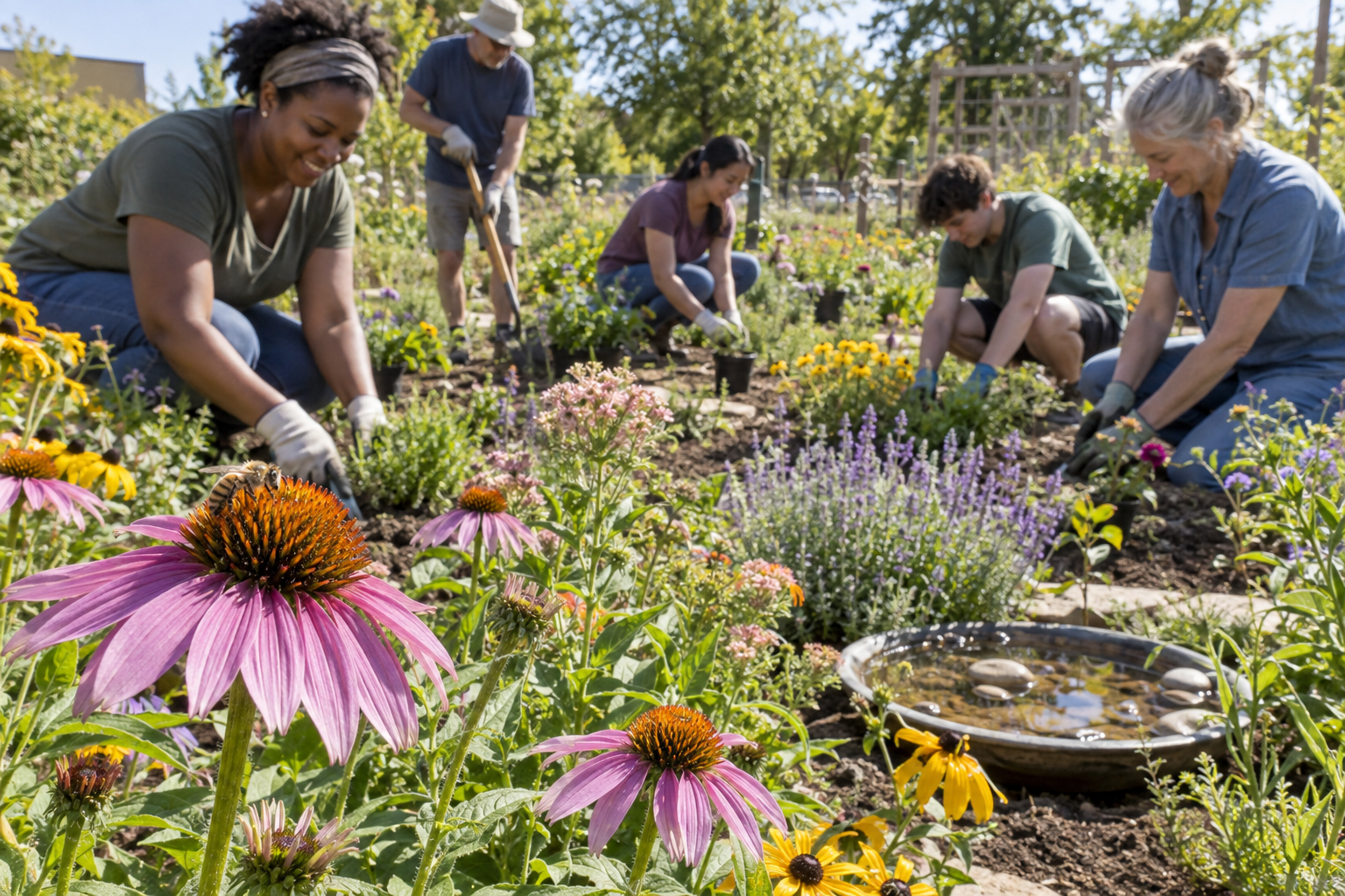 Community volunteers planting a diverse pollinator garden with coneflowers and a shallow water dish