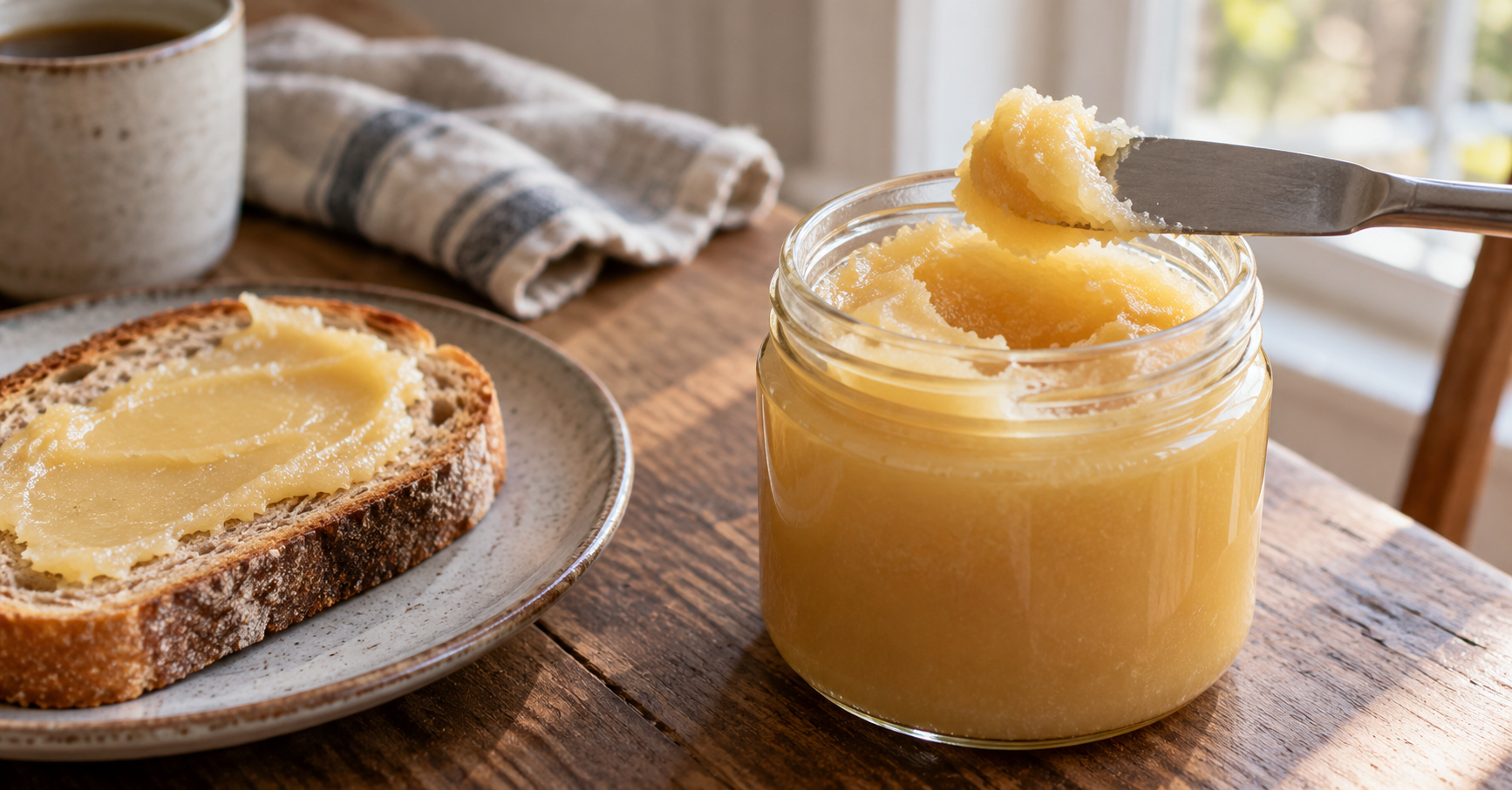 Smooth creamed honey in a glass jar served on rustic toast