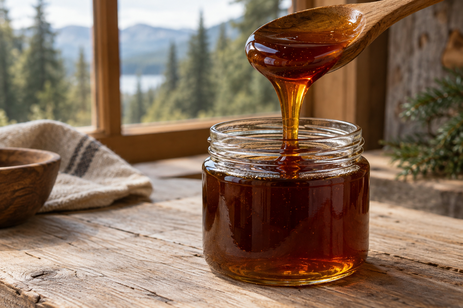 Dark reddish amber honeydew honey flowing from a wooden spoon into a clear glass jar with a conifer forest beyond