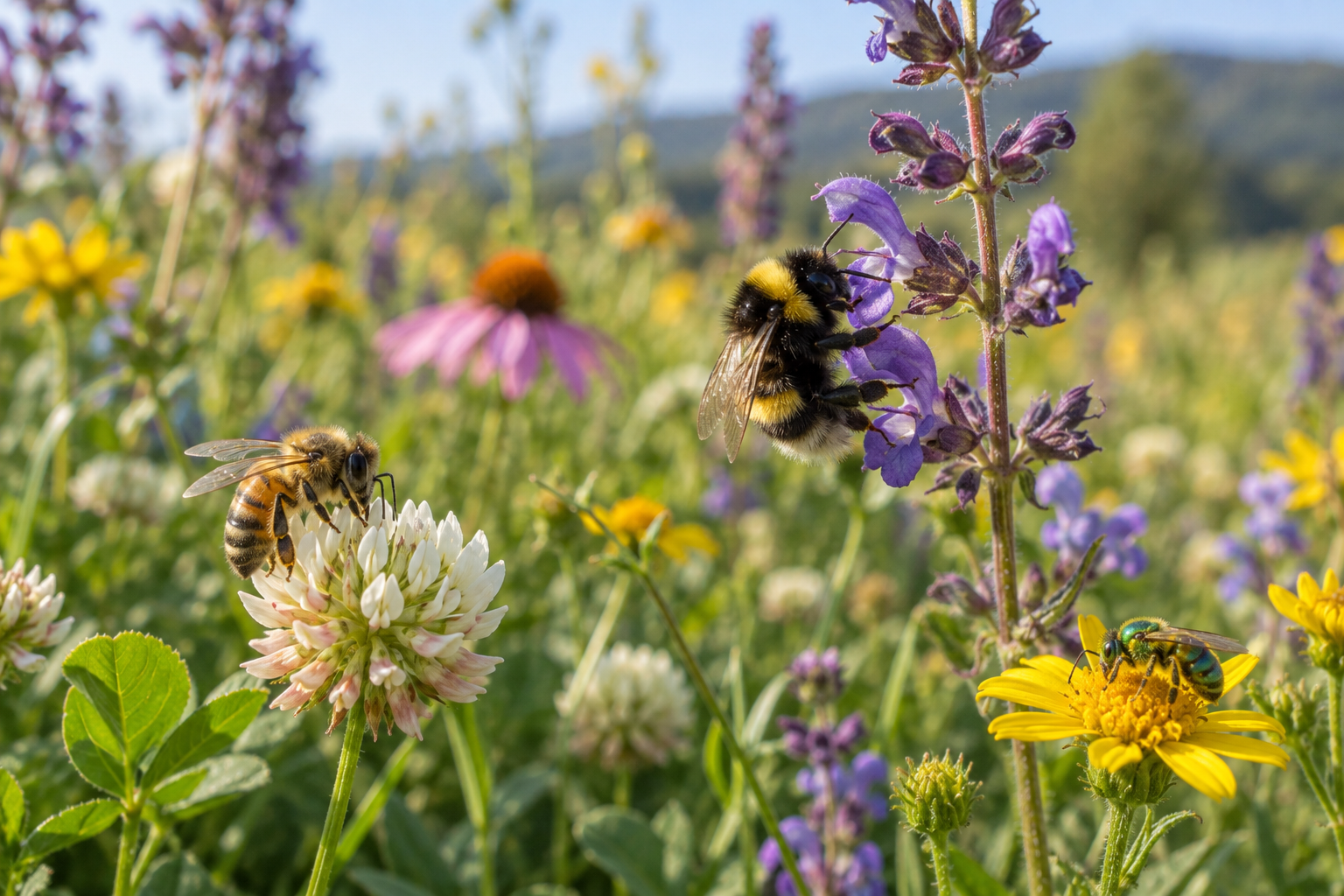 Honey bee, bumble bee and metallic green sweat bee foraging on different wildflowers