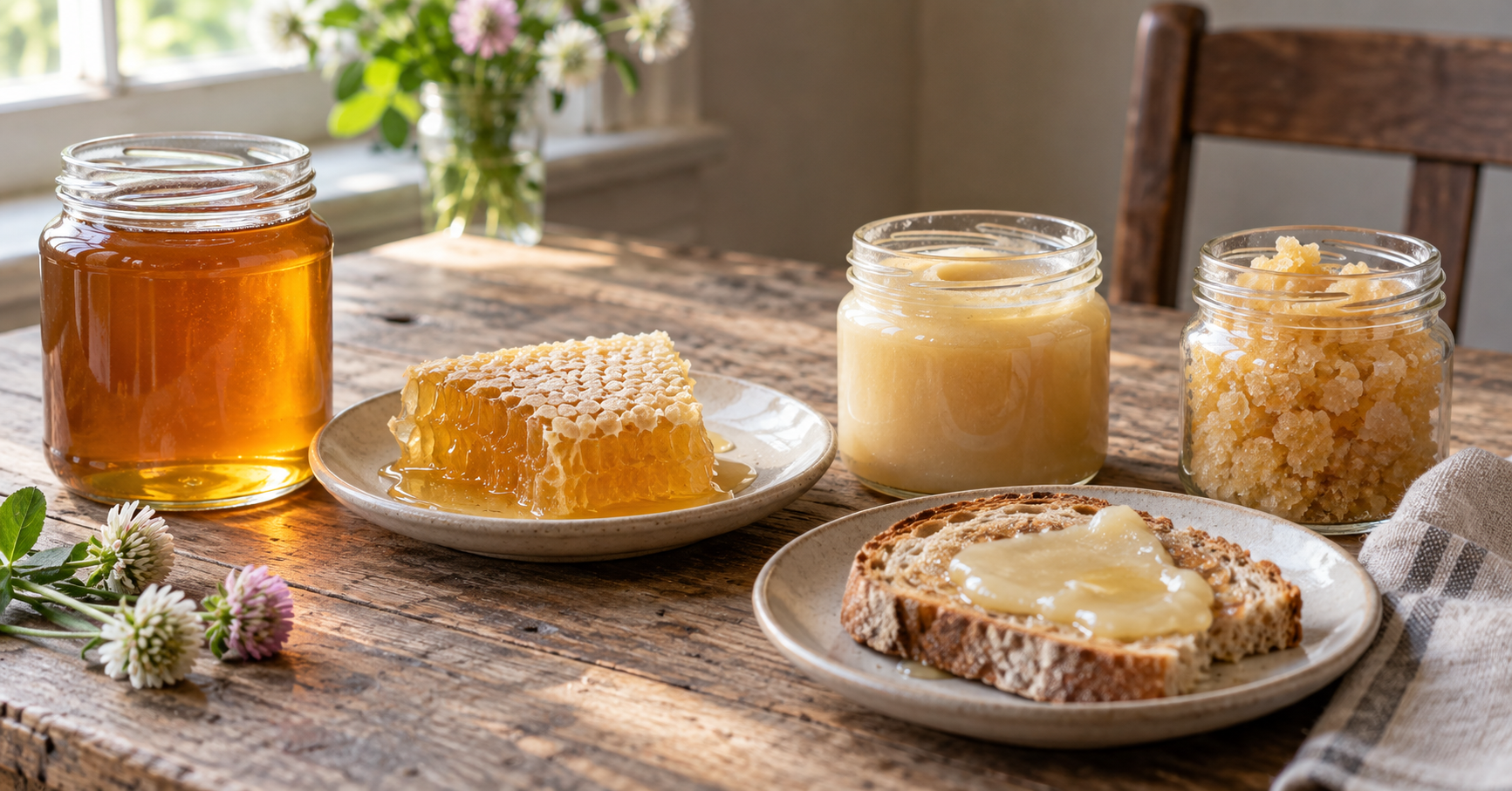 Liquid, comb, creamed and crystallized honey displayed naturally on a wooden table