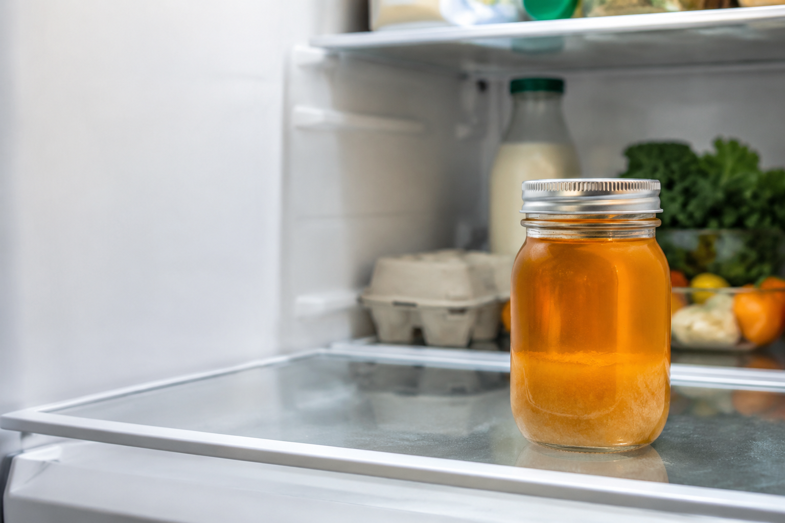 Jar of honey beginning to crystallize inside a refrigerator