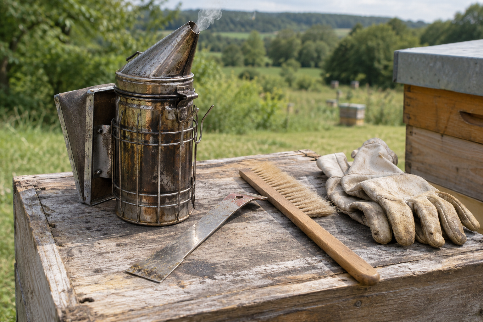 Bee smoker, hive tool, bee brush and protective gloves beside a wooden hive