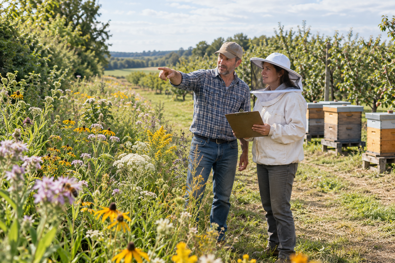 Farmer and beekeeper planning a flowering field margin beside orchard rows and managed honey bee hives