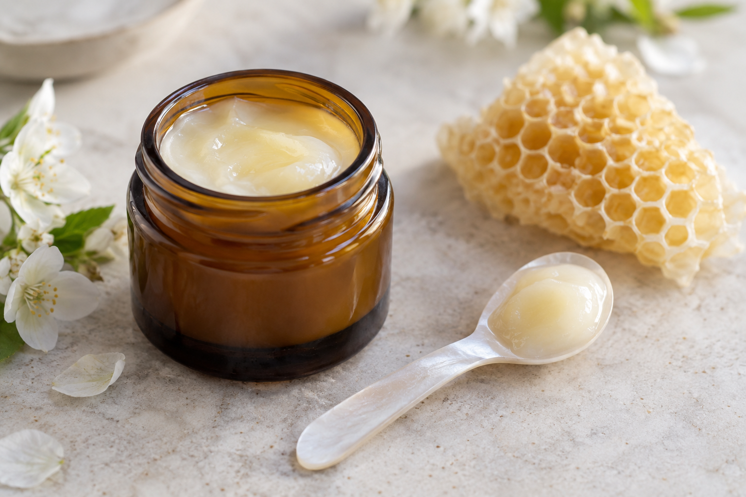 Fresh pale ivory royal jelly in an amber glass jar with a small mother-of-pearl spoon