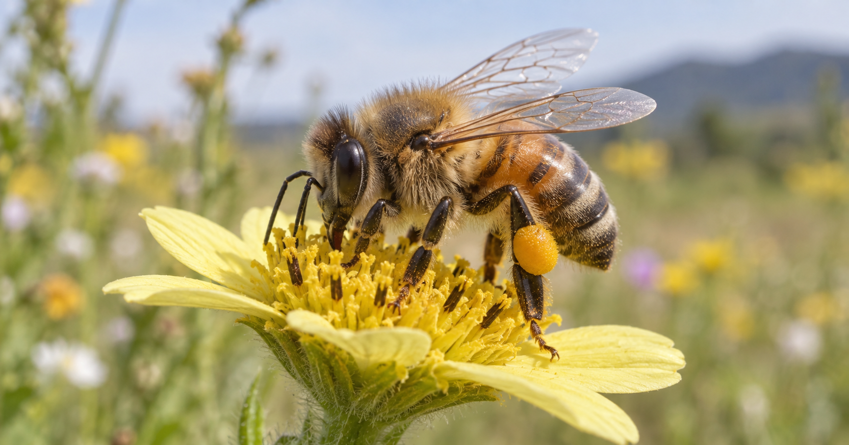 Western honey bee worker foraging on a yellow wildflower in side view