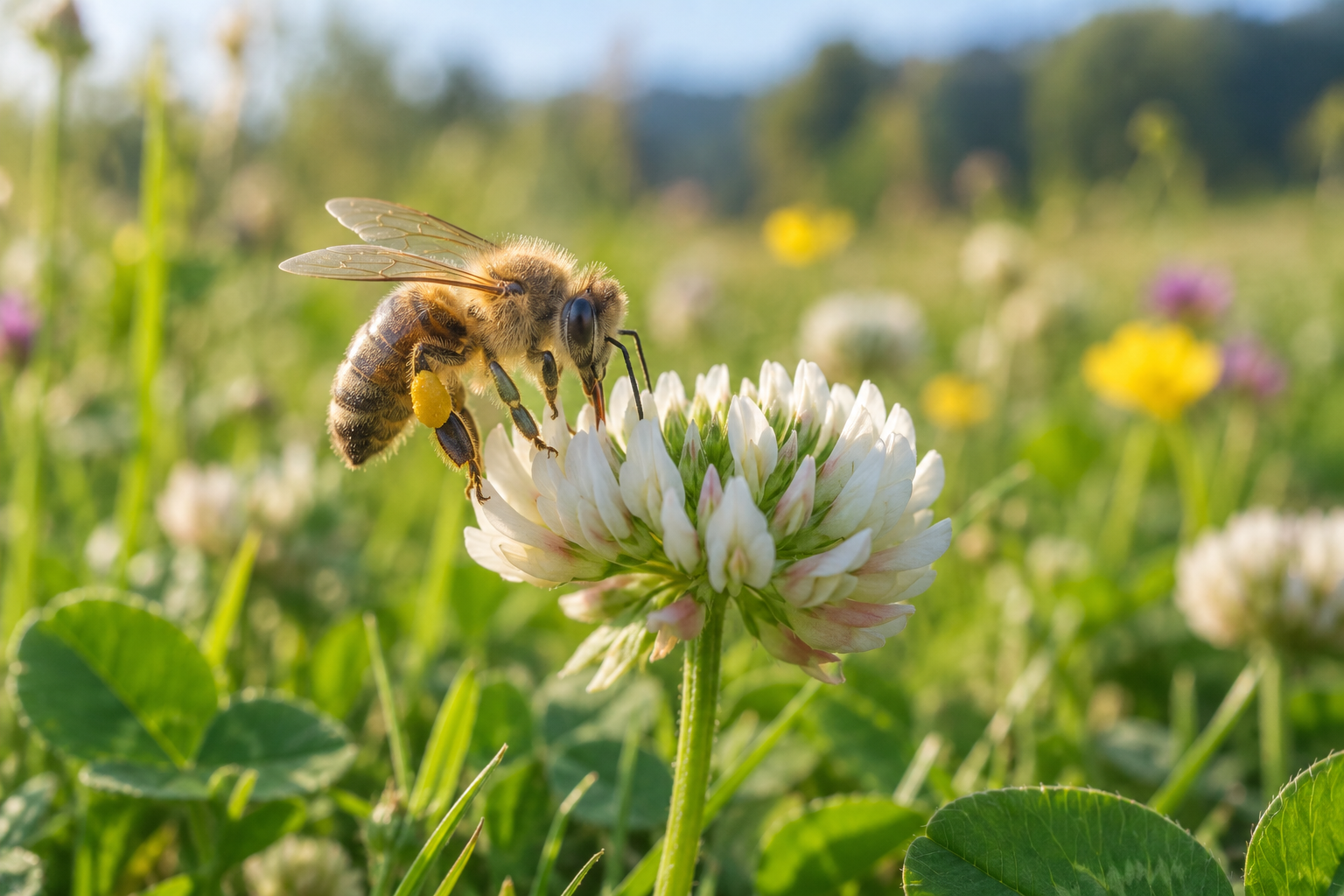 Worker honey bee collecting nectar from a white clover flower in a sunny summer meadow