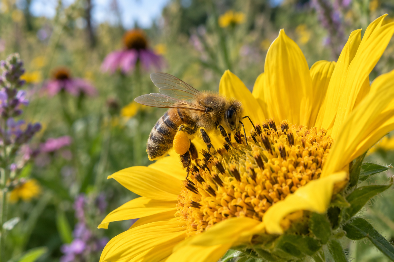 Honey bee collecting yellow pollen with full pollen baskets on its hind legs