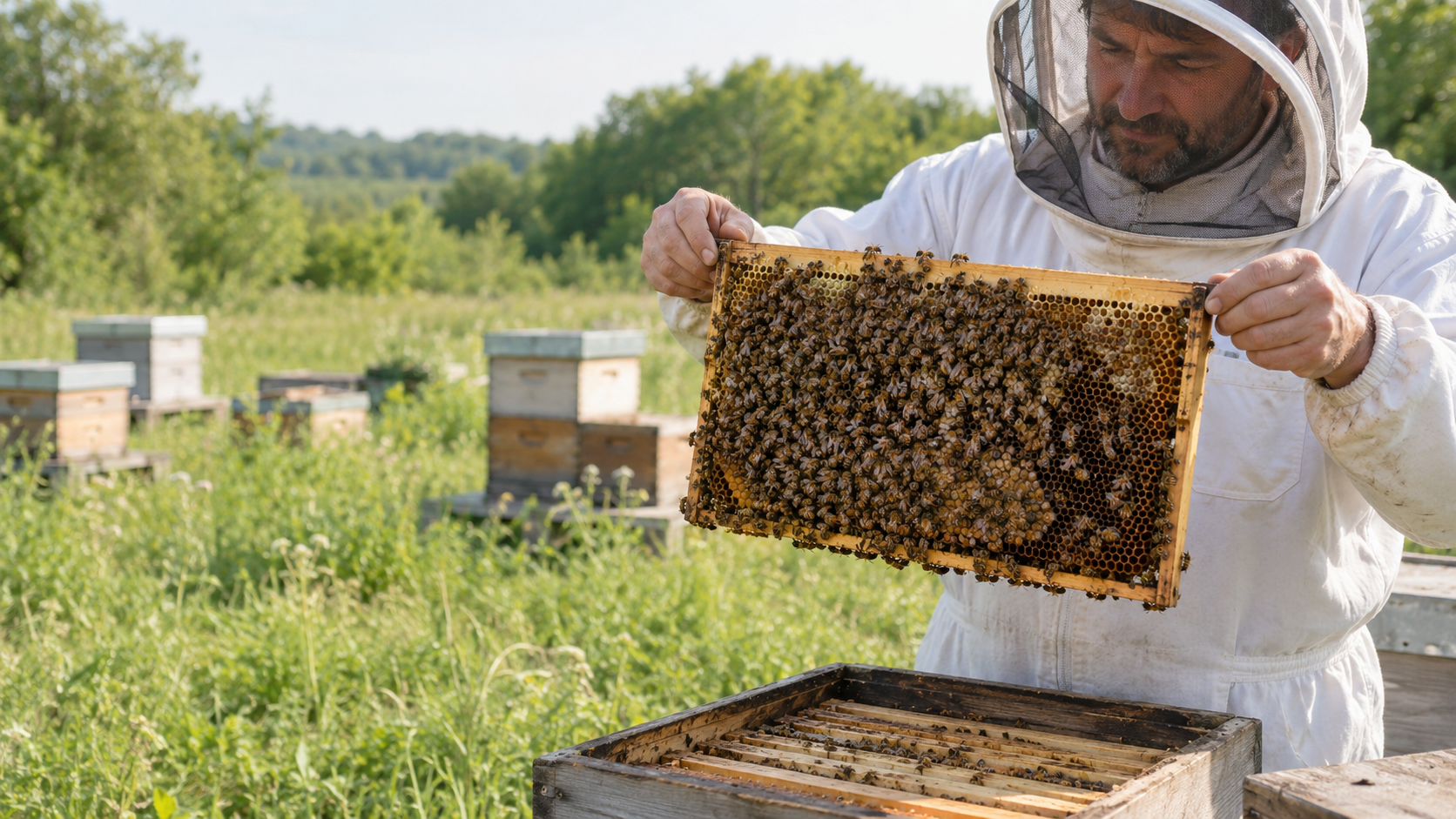 Beekeeper inspecting a densely populated honey bee frame in a meadow apiary