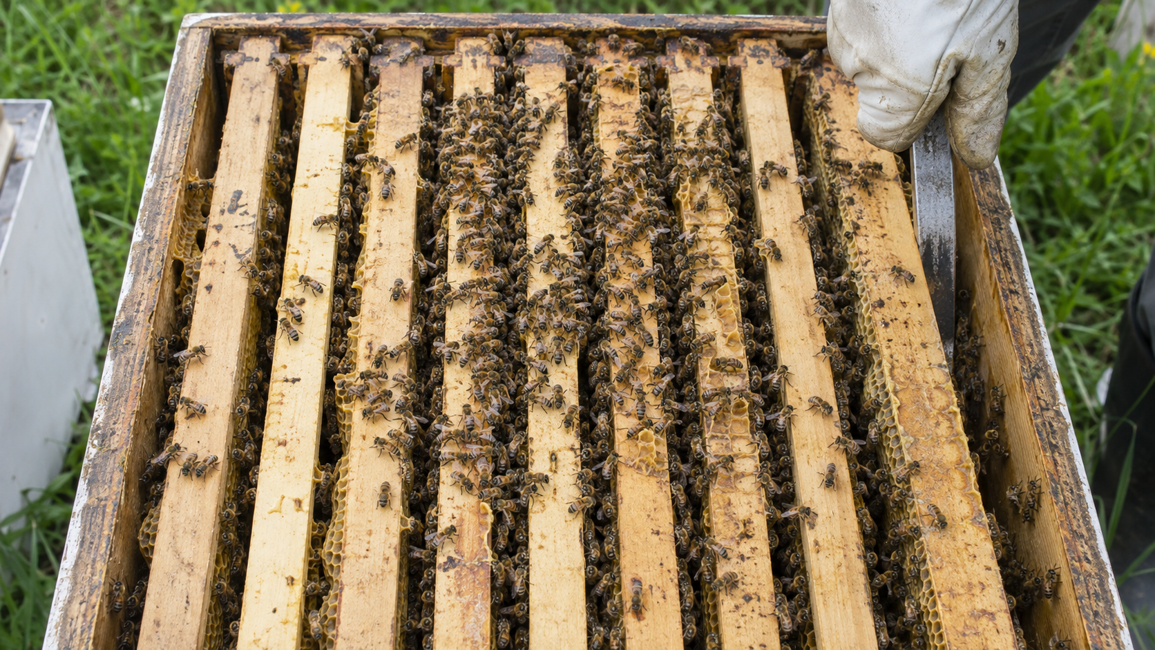 Open honey bee hive showing workers distributed across the frame tops