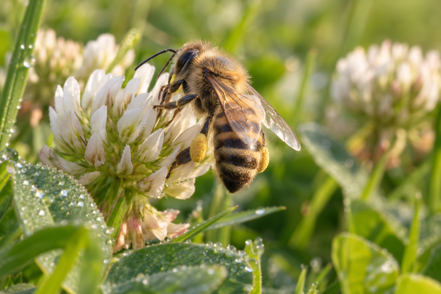 Worker honey bee carrying pollen in both hind-leg baskets on white clover