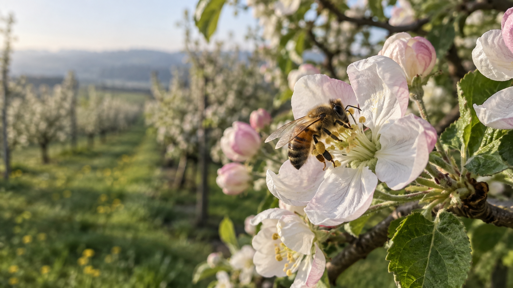 Honey bee naturally pollinating white apple blossoms in a spring orchard