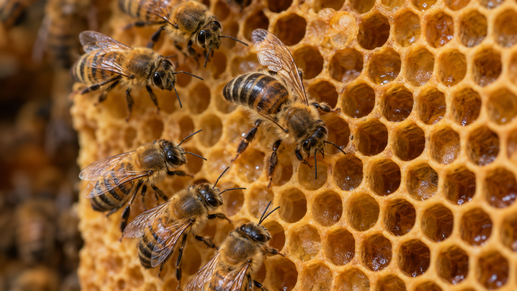 Worker honey bees following a forager on natural beeswax comb