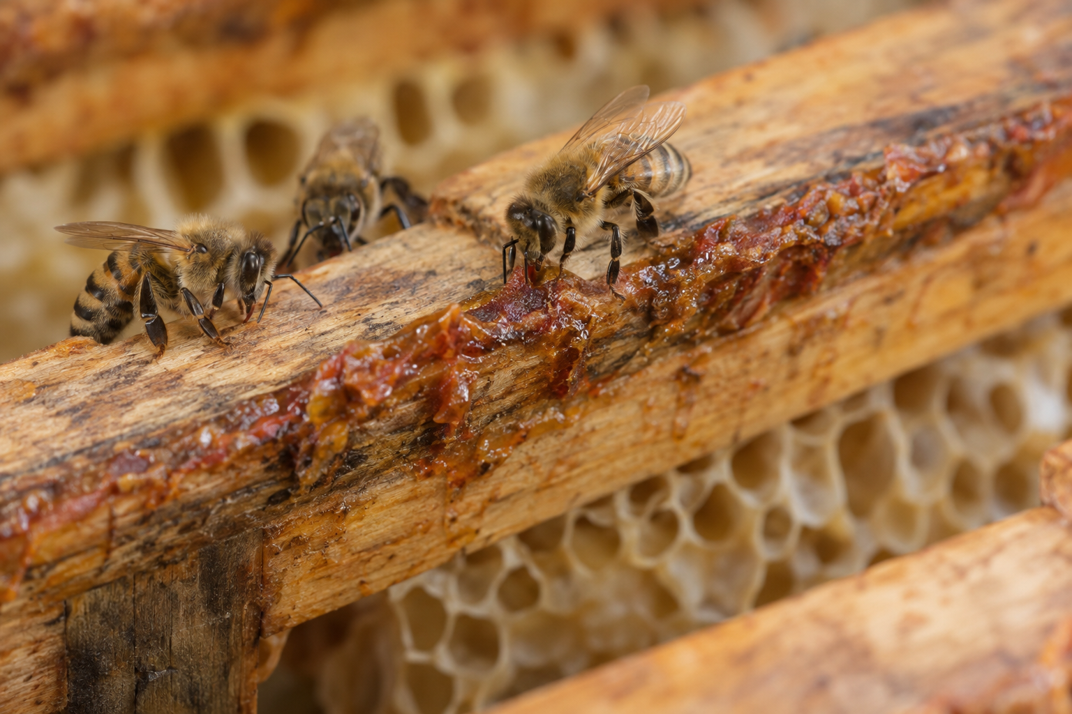 Worker honey bees applying reddish-brown propolis along a wooden hive seam