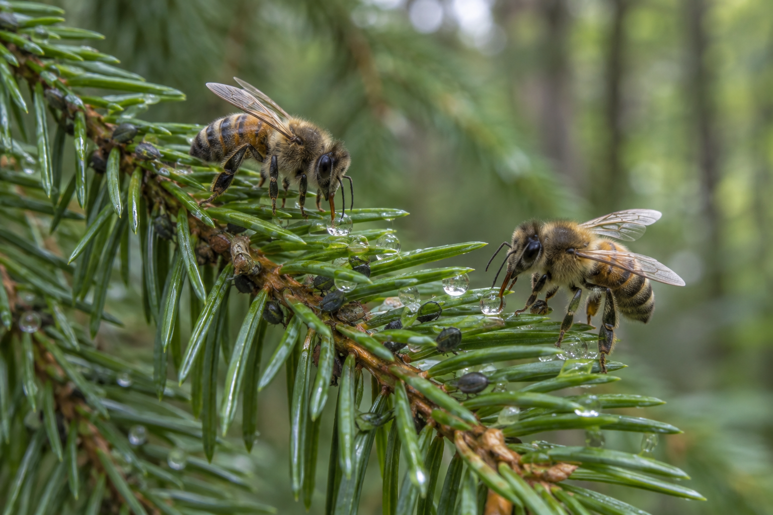 Two worker honey bees collecting clear honeydew droplets near aphids on green spruce needles