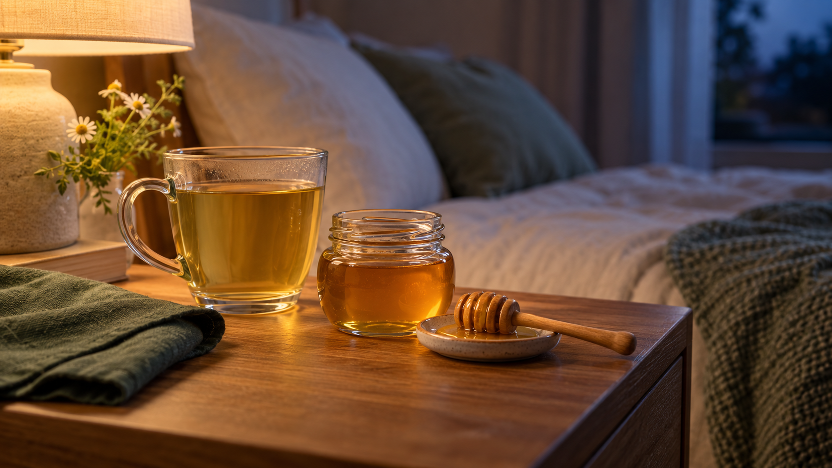 Small jar of honey and warm herbal tea on a bedside table