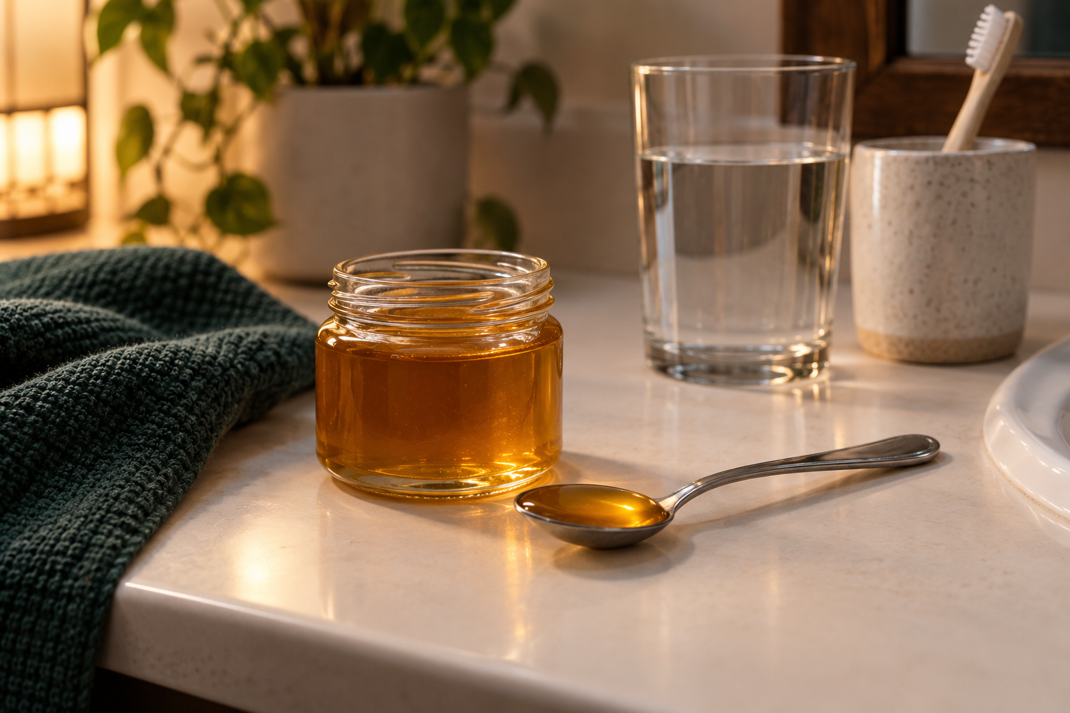Teaspoon of honey beside water and a toothbrush at night
