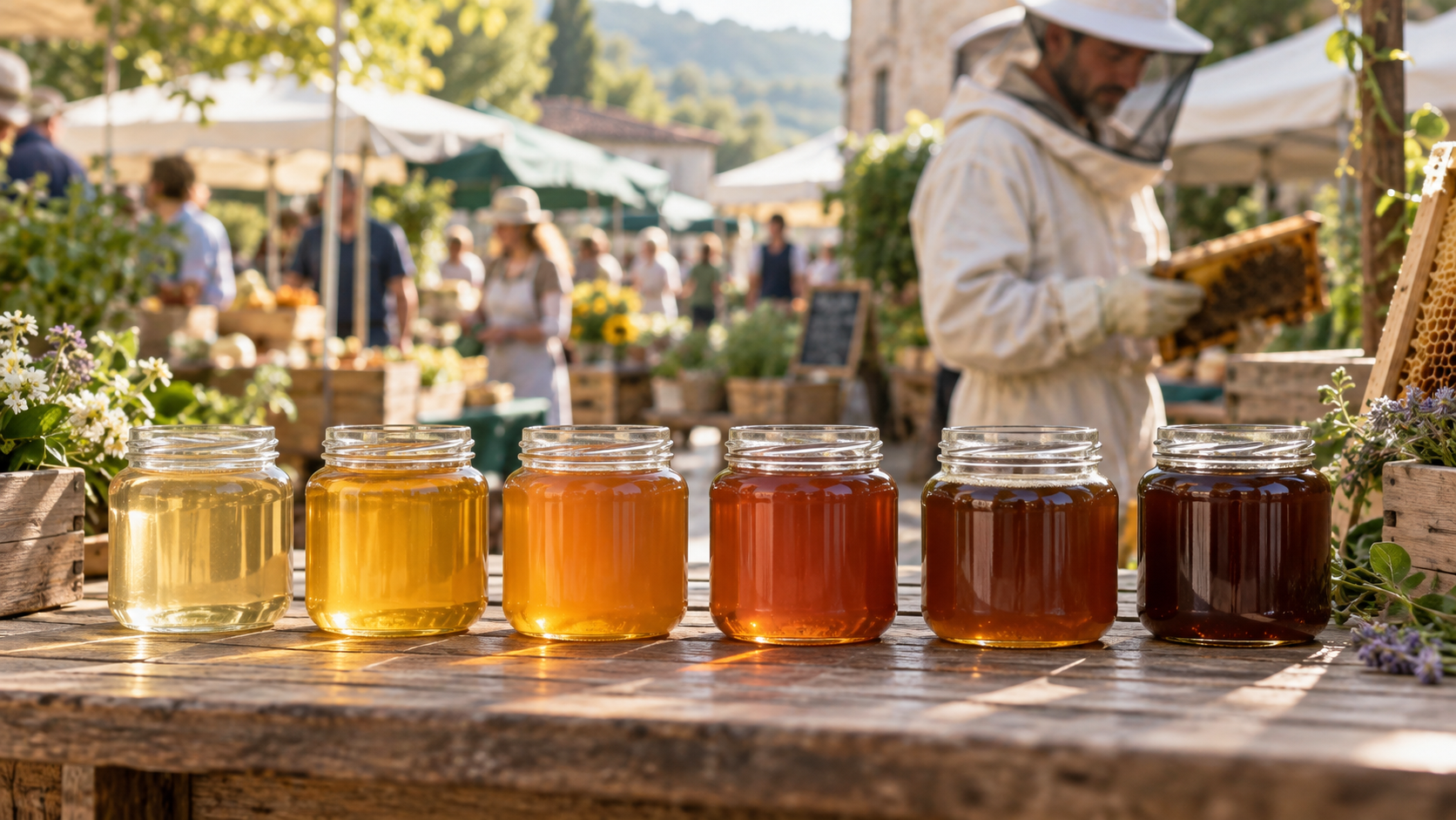 Glass jars displaying naturally different shades of honey at an outdoor market