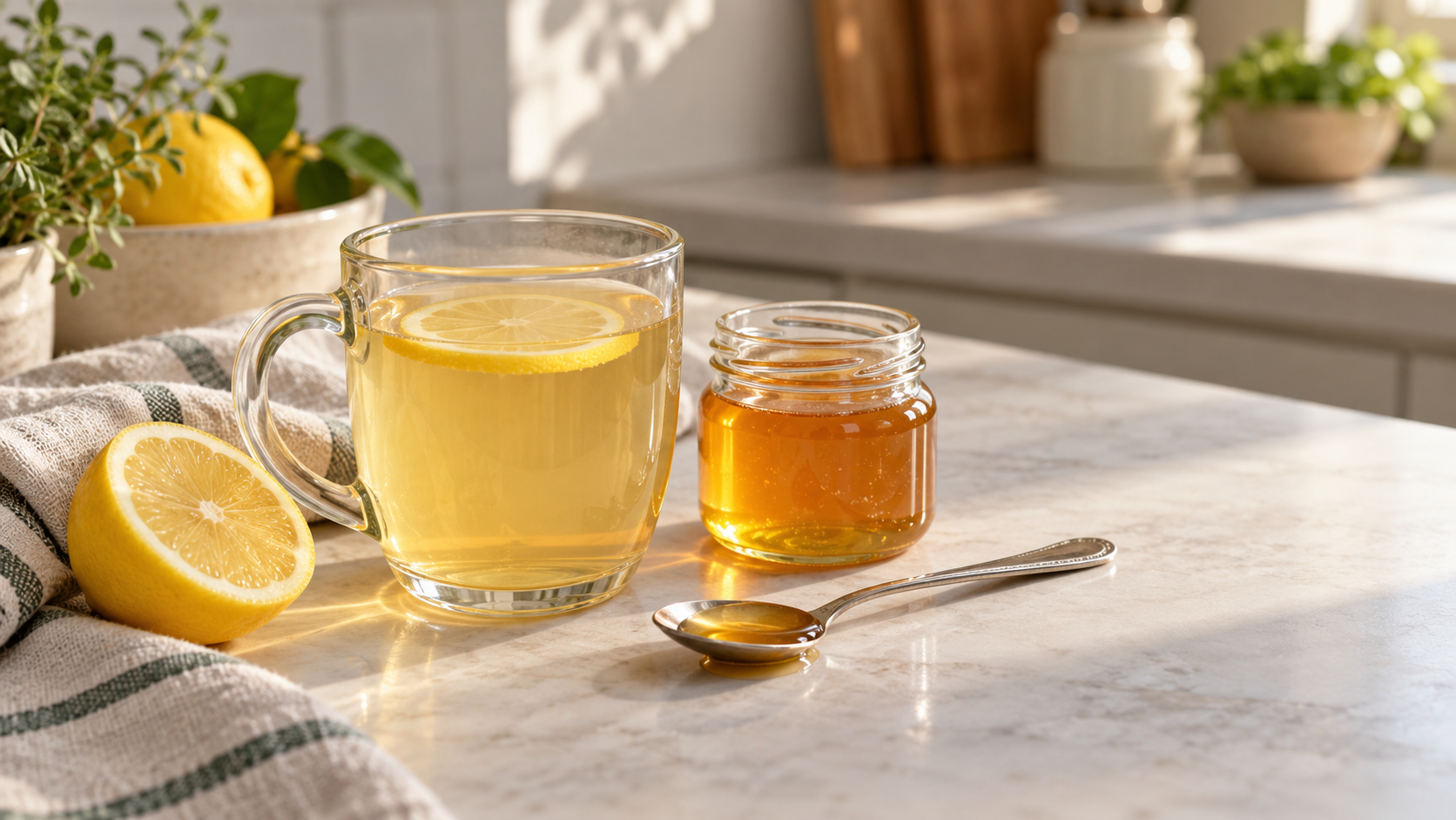 Warm lemon drink with a small jar and teaspoon of honey