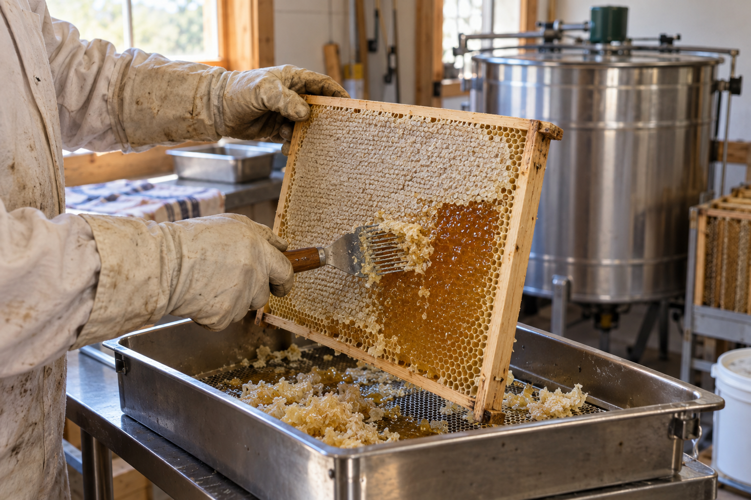 Beekeeper uncapping a honey frame before centrifugal extraction