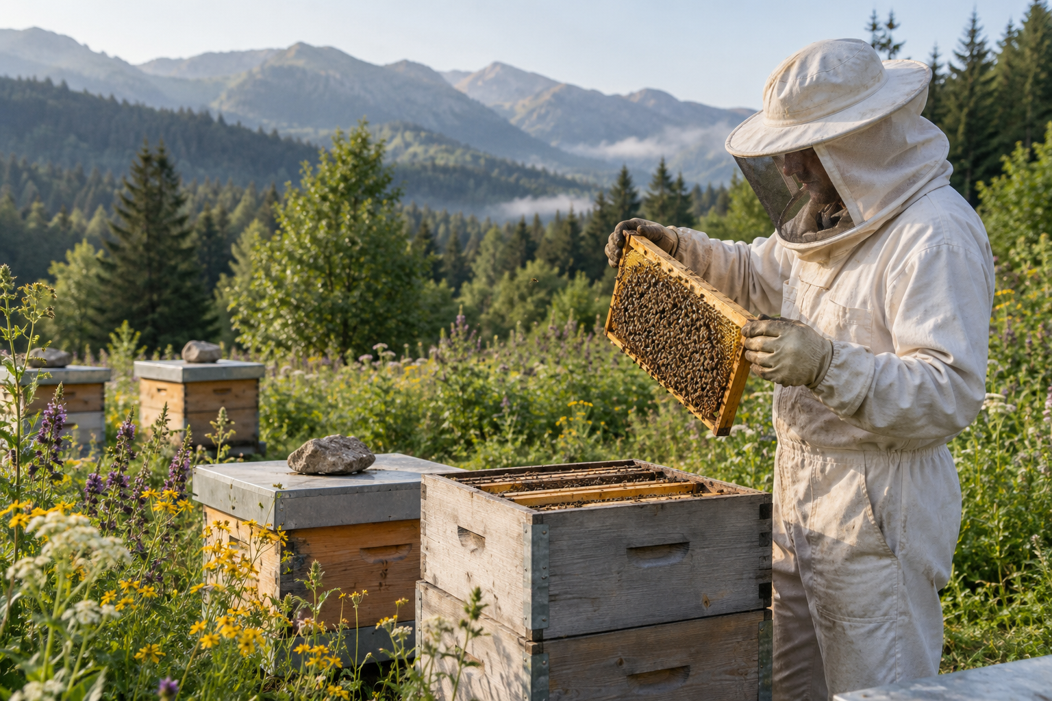 Beekeeper inspecting a honey frame in a mountain meadow apiary