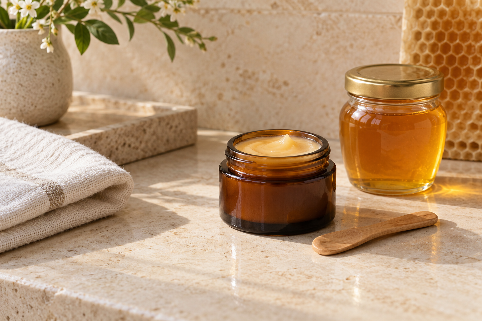 Amber jar of professionally formulated honey-based moisturizer beside a sealed jar of golden honey on a cream stone counter
