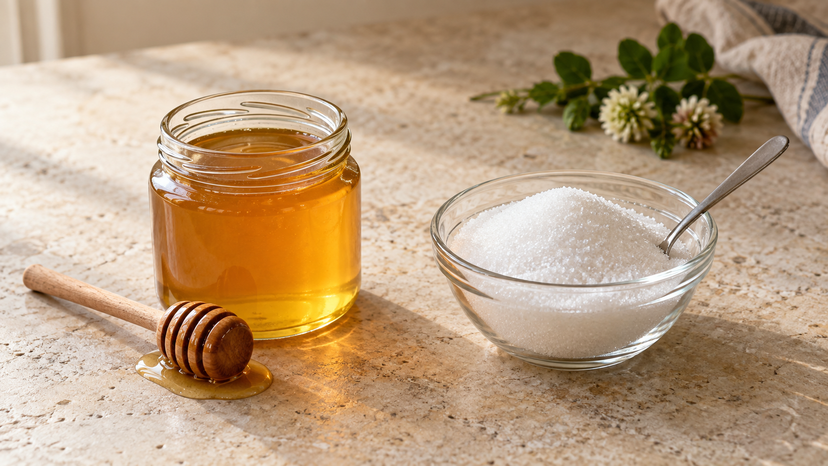 Jar of golden honey beside a bowl of white granulated sugar on a kitchen counter