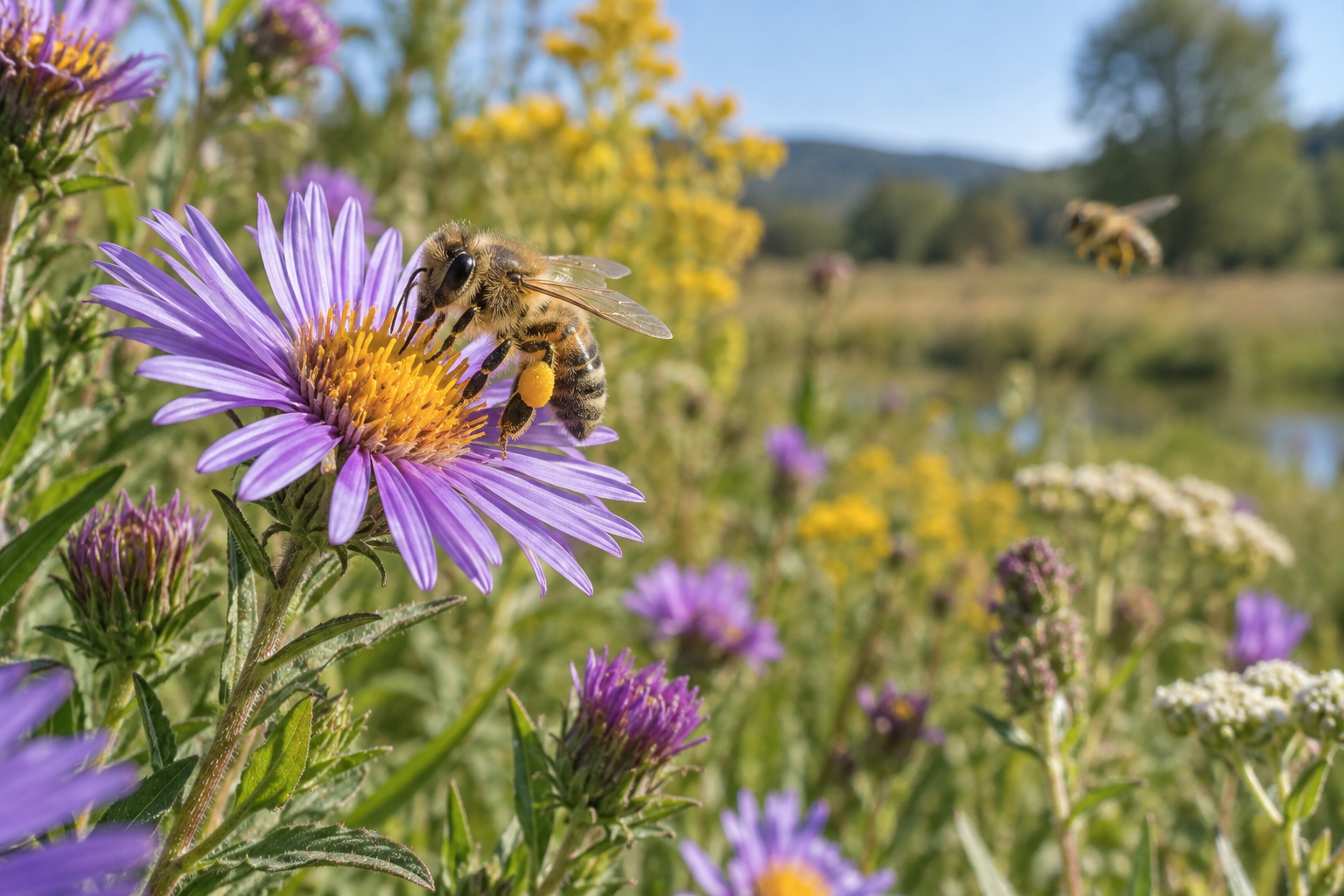 Worker honey bee drinking nectar from a purple aster with golden pollen packed on its hind legs