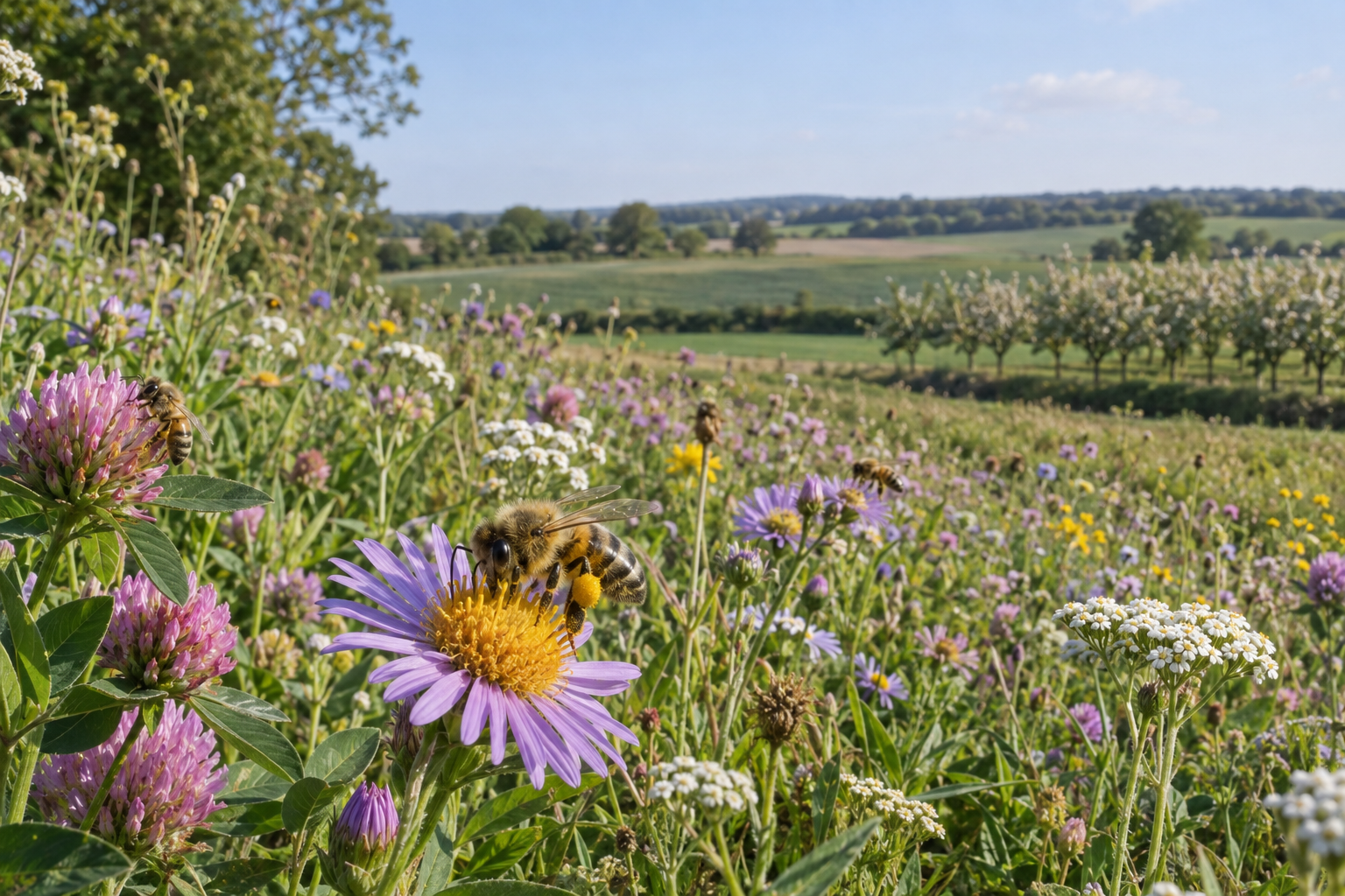 Honey bees collecting pollen and nectar from diverse wildflowers beside farmland and an orchard