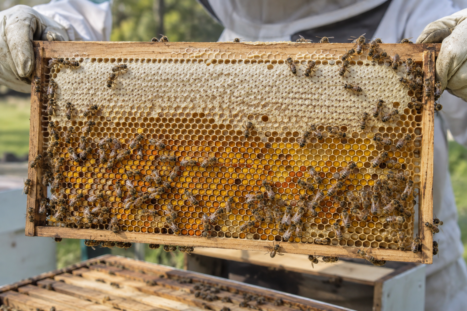 Honeycomb frame with pale capped honey above multicolored stored pollen cells and worker honey bees