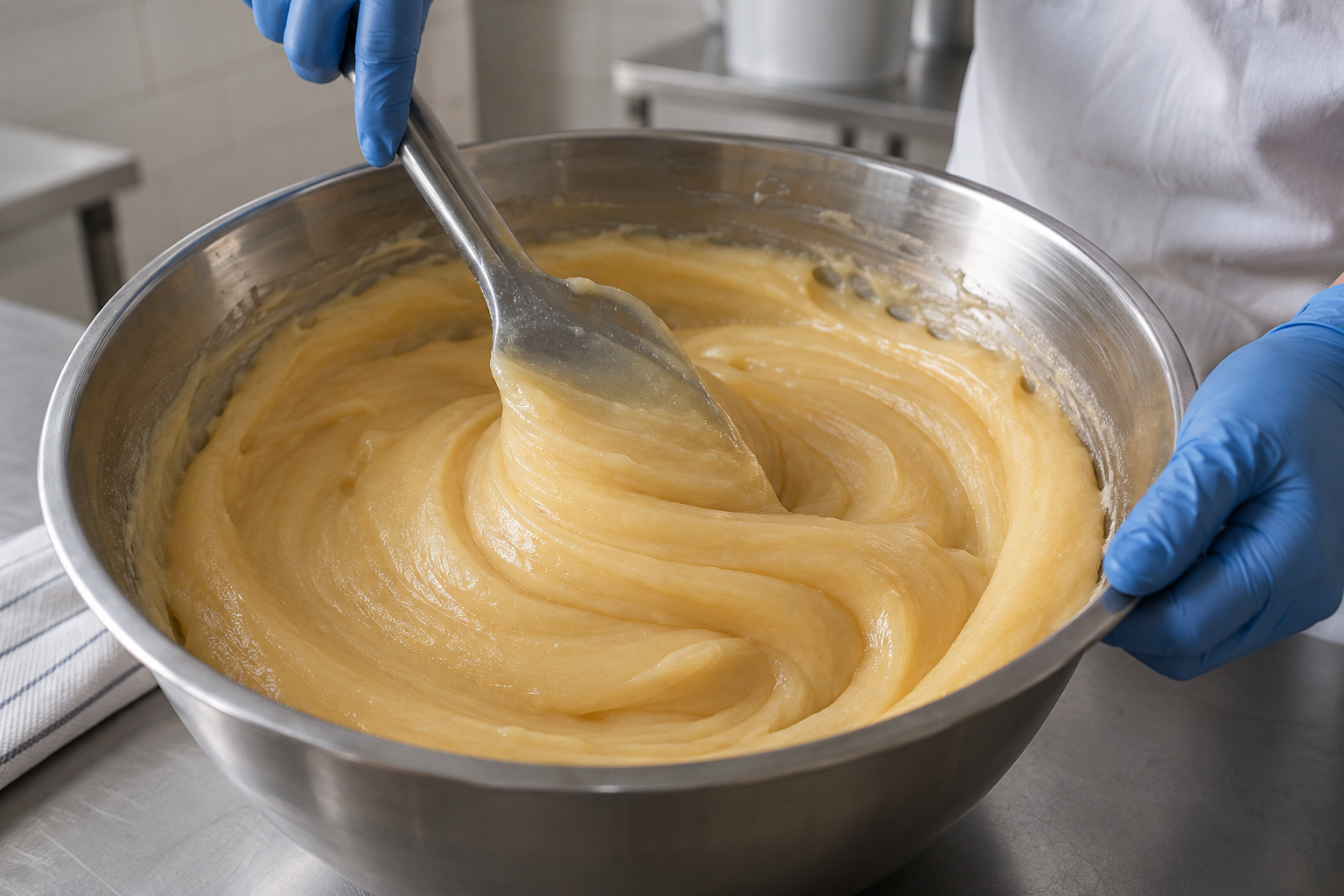 Creamed honey being gently mixed in a food-safe stainless-steel bowl
