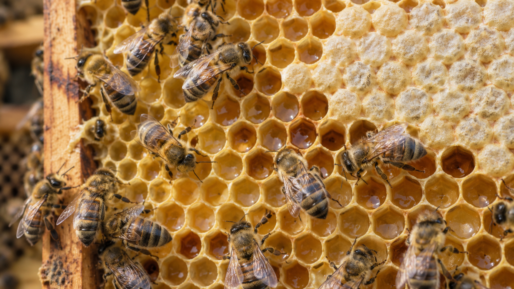 Worker honey bees tending open nectar cells and capped honey on a beeswax comb