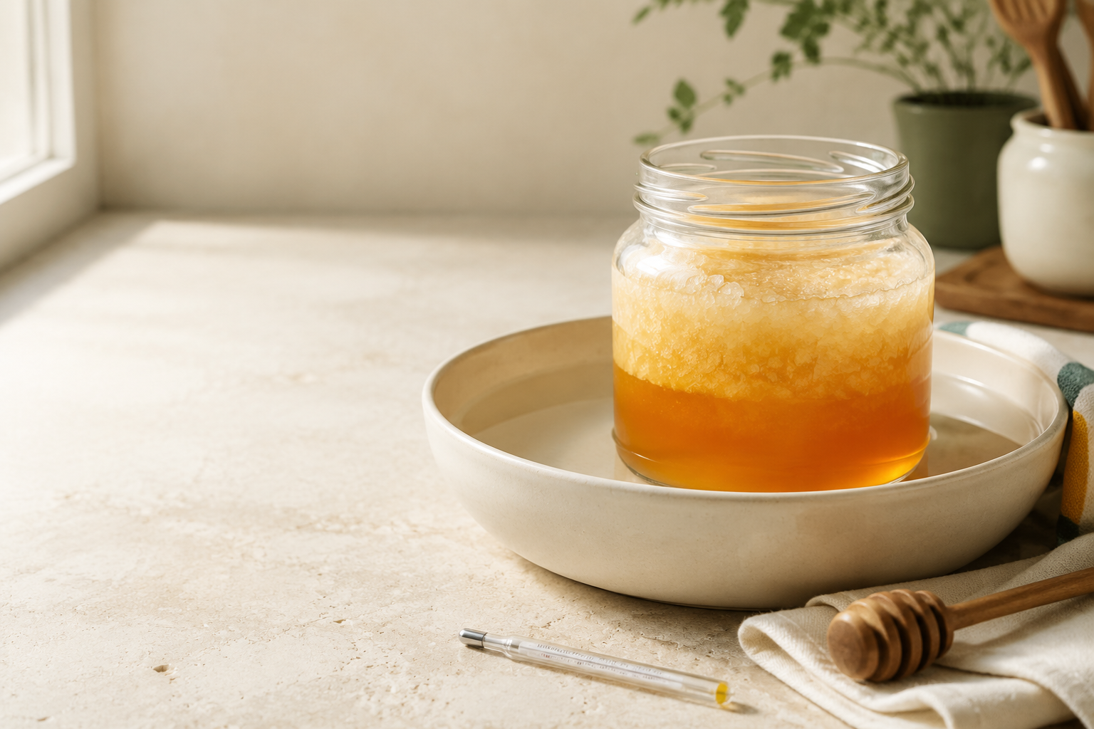 Crystallized honey gently warming in a warm-water bath