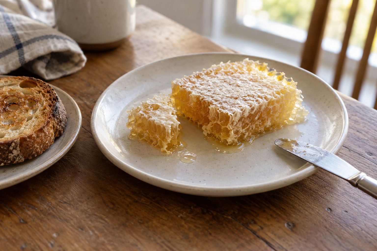 Cut comb honey served naturally on a ceramic plate with toast