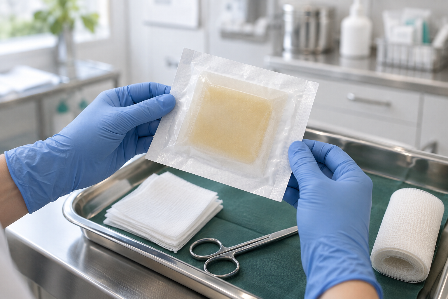 A clinician holding a sealed sterile medical-grade honey wound dressing