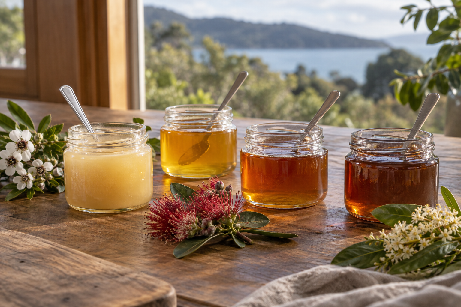 Four New Zealand honeys ranging from pale cream to deep amber on a wooden tasting table