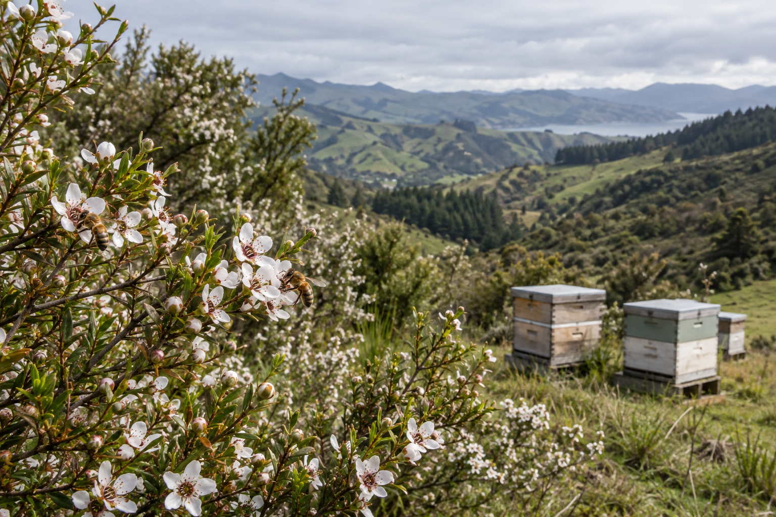 Honey bee foraging on flowering mānuka beside beehives in New Zealand hill country