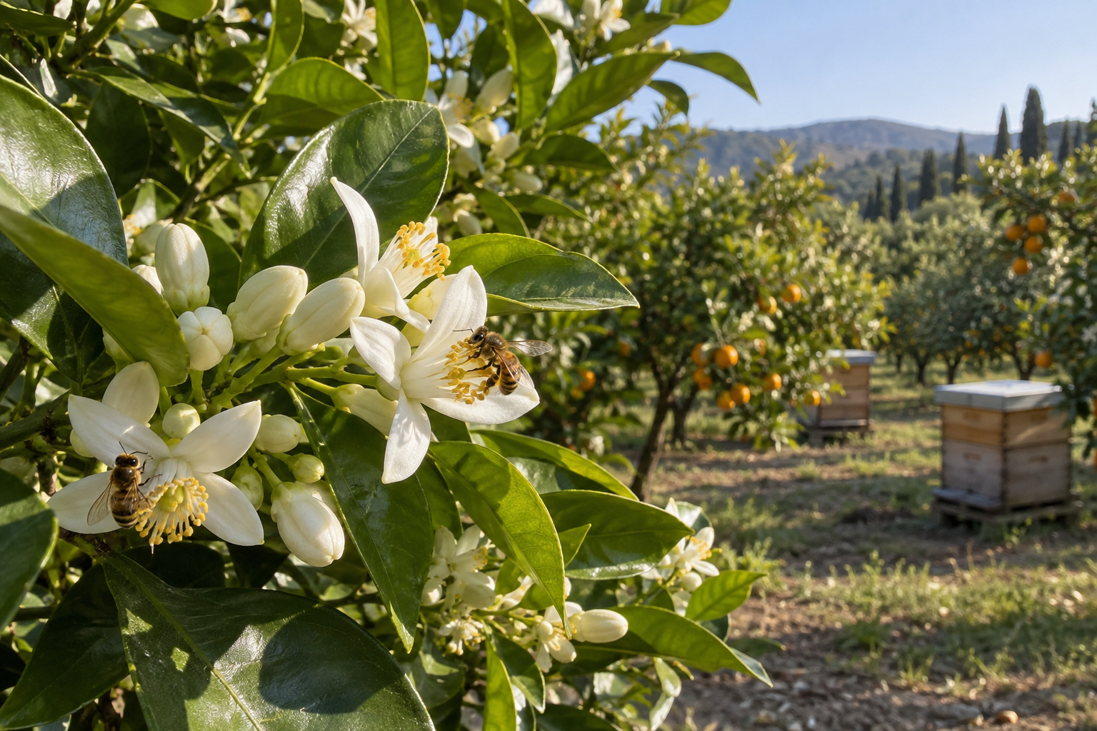 Honey bees foraging on white orange blossoms beside beehives in a citrus grove