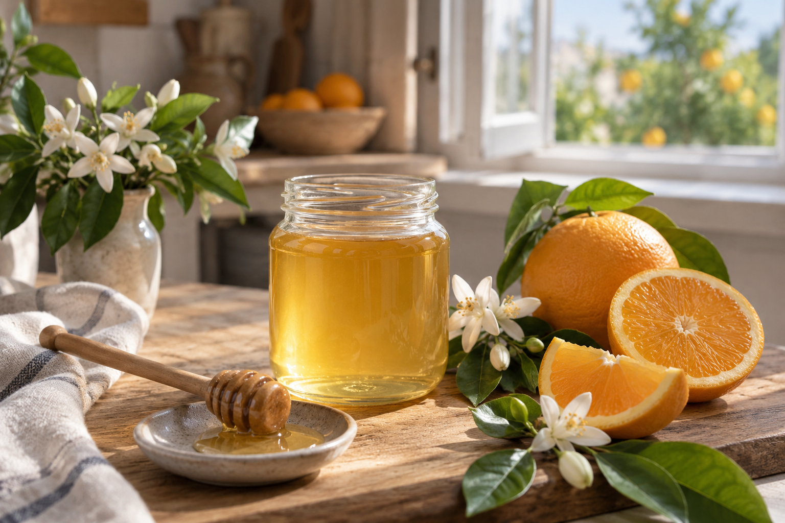 Pale golden orange blossom honey beside fresh citrus blossoms and sliced oranges