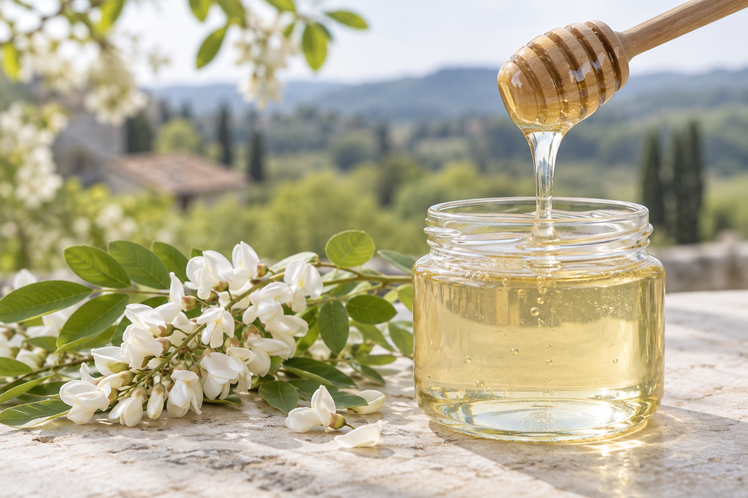 Nearly clear pale acacia honey flowing from a wooden dipper into a glass jar beside white black locust blossoms