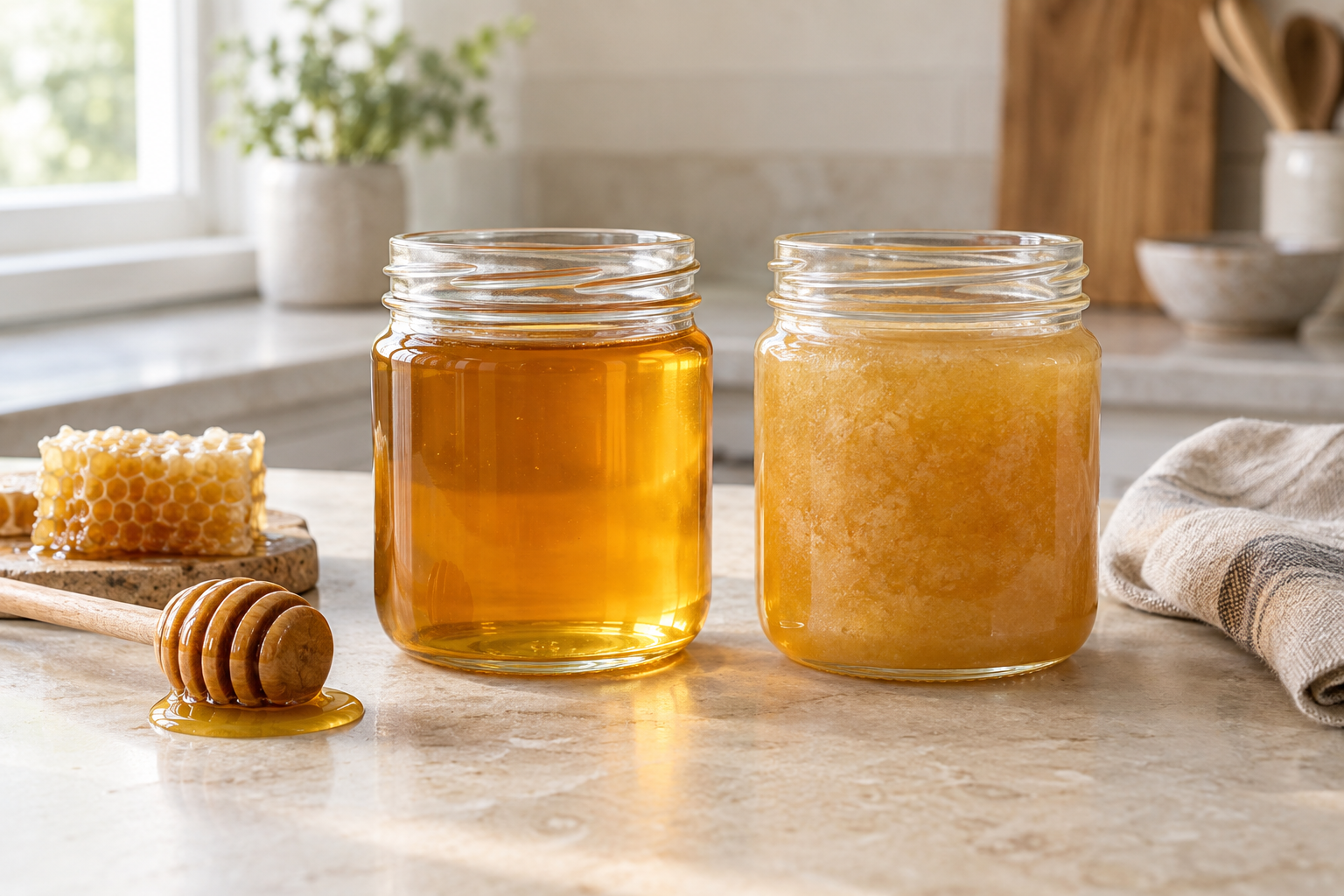 Clear liquid honey and softly crystallized honey in two unbranded glass jars