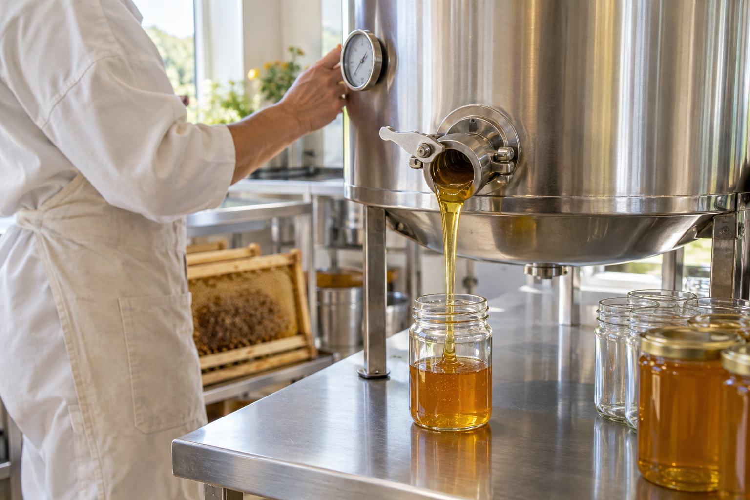 Honey flowing from a temperature-controlled stainless steel tank into a clear glass jar